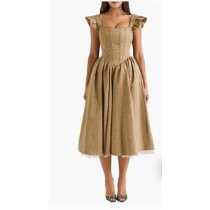 House of CB Alessandra Gold Jacquard Midi Dress with Detachable Bow Size Medium